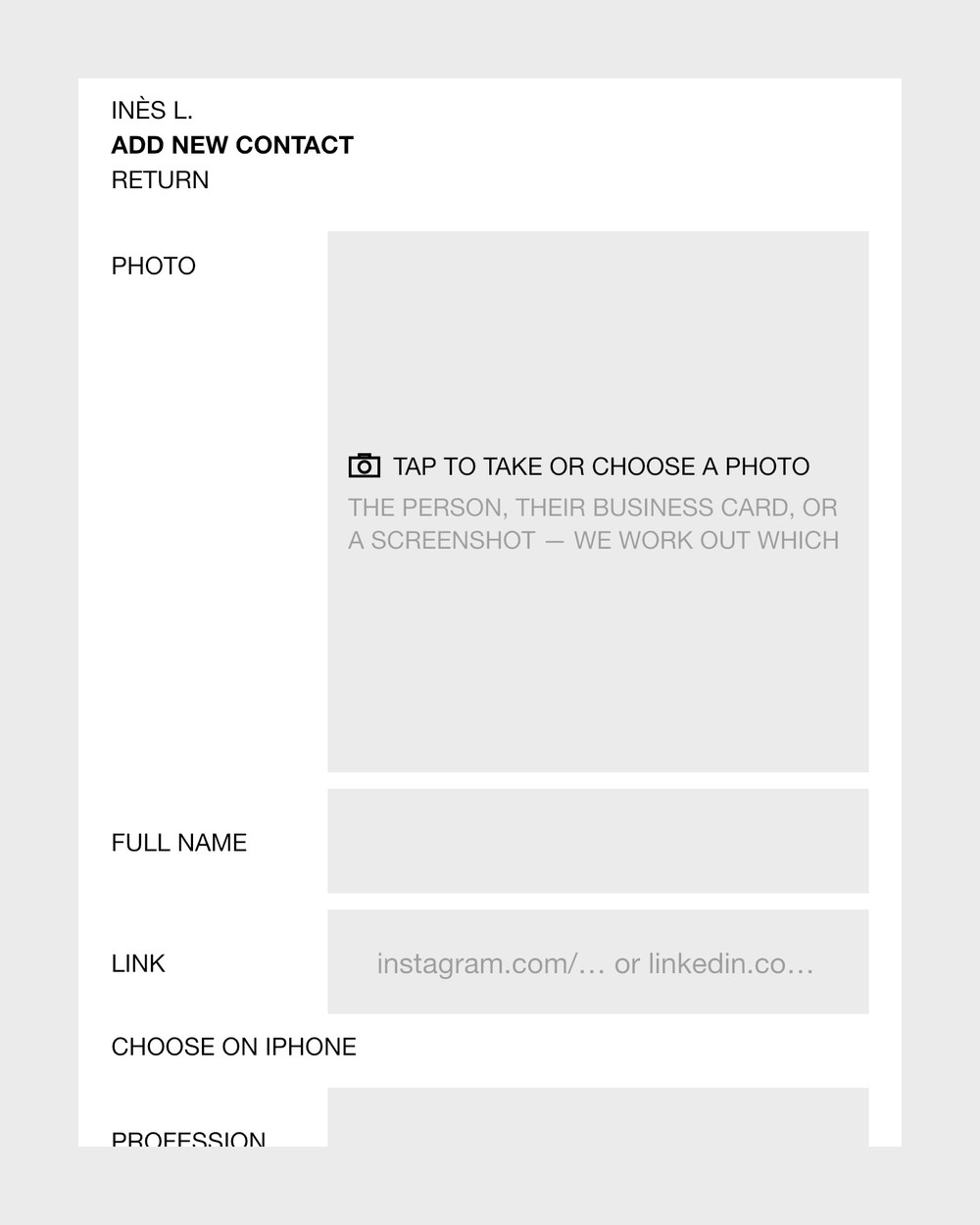 Adding a contact in Collecteur: one photo field for the person, their business card or a screenshot, then name, link and a choice from the iPhone's contacts