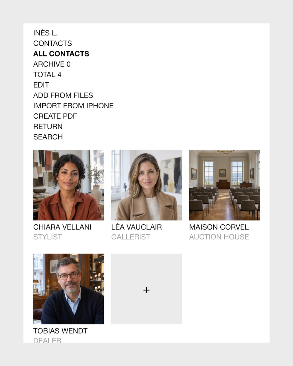 The contacts in Collecteur: add from files, import from iPhone, create PDF, then four people with their pictures and categories