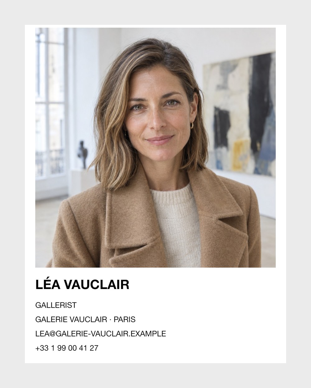 A contact in Collecteur: the portrait of a woman, her name, her category, her gallery, her city and how to reach her
