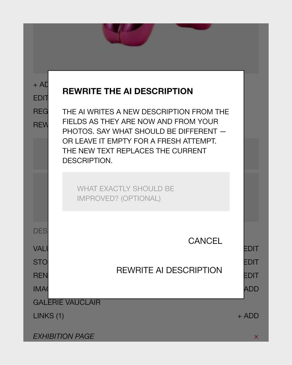 The Rewrite AI description dialog in Collecteur: the AI writes a new description from the fields and the photos, with an optional note