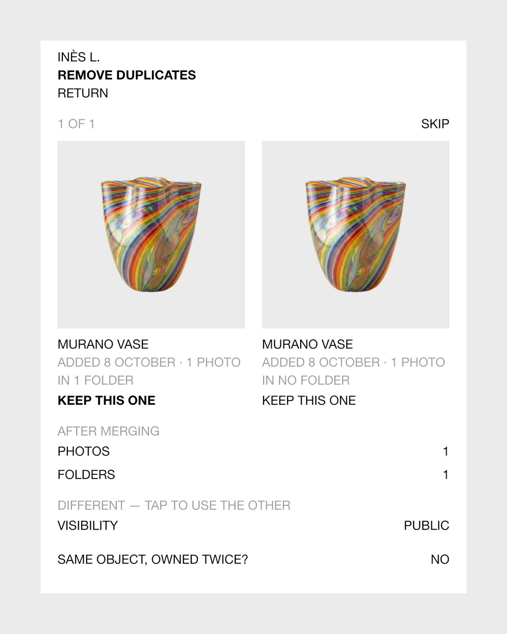 Remove duplicates in Collecteur: two Murano vases side by side, which one to keep, and what the merge keeps