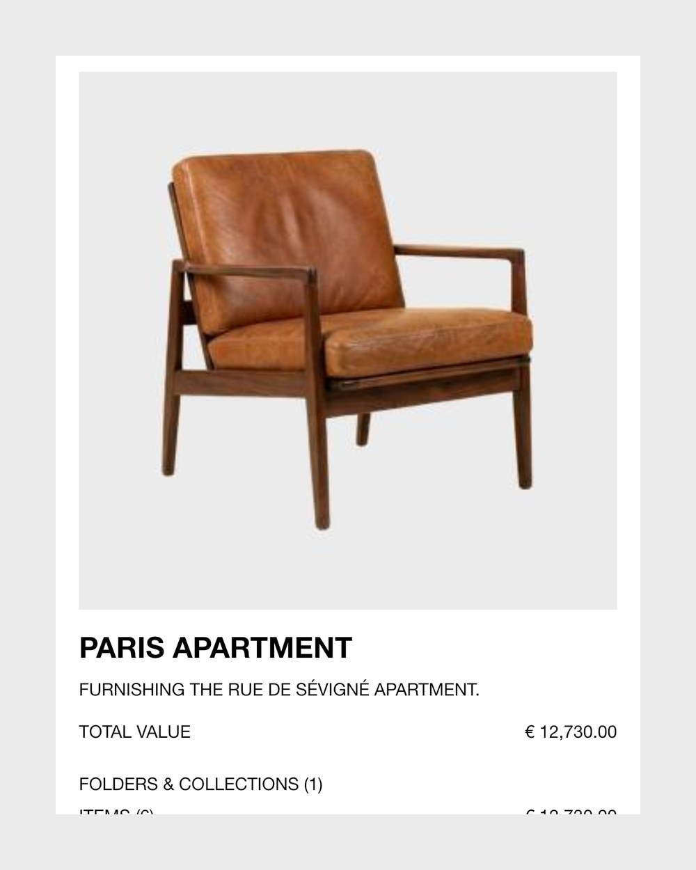 A folder in Collecteur: a cover photo of a lounge chair, the title Paris apartment, its description and total value