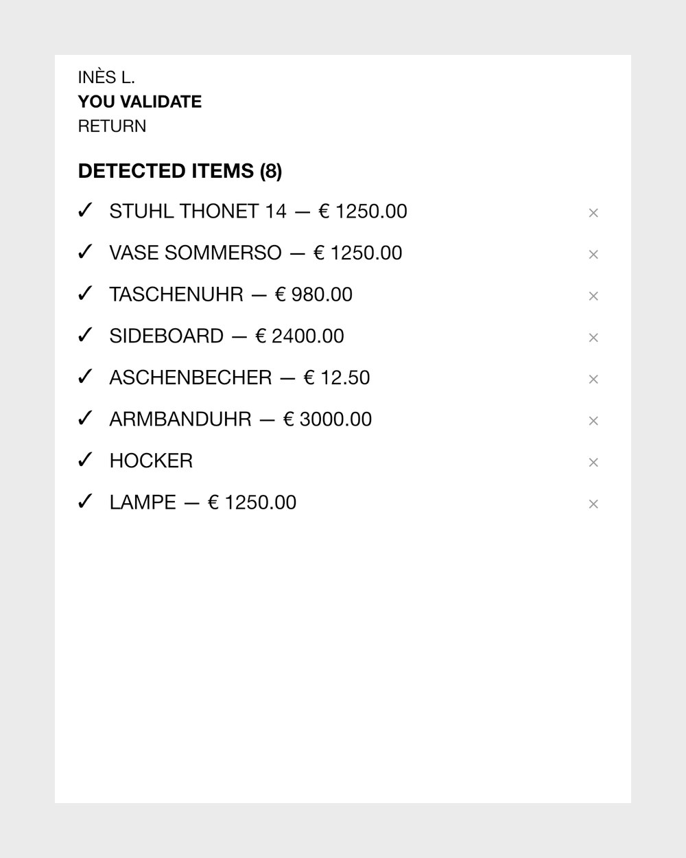 Collecteur's import check: eight objects found in a spreadsheet, each with its value, ready to confirm
