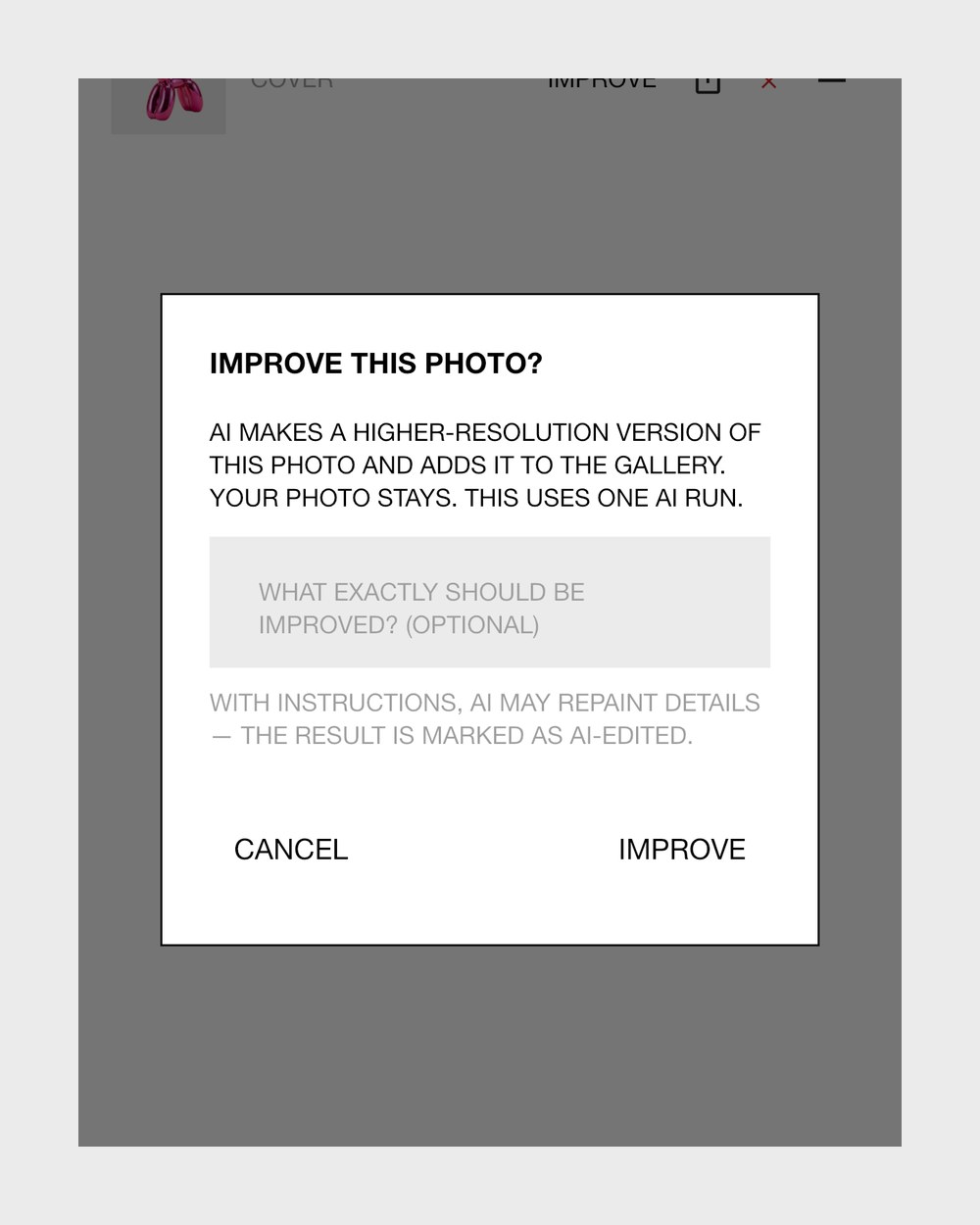 The Improve dialog in Collecteur: the AI makes a higher-resolution version of the photo and adds it to the gallery, and the photo stays