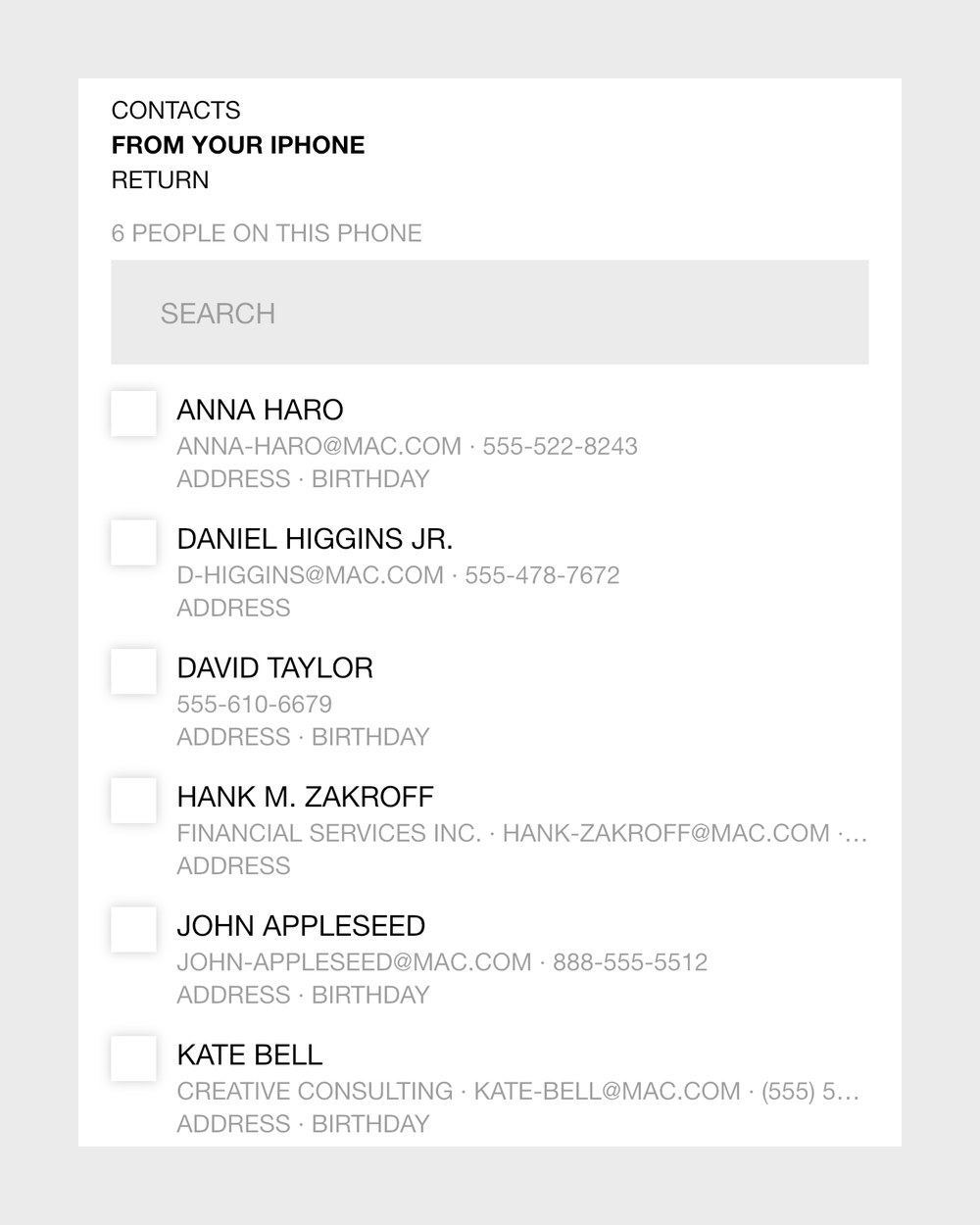 Picking people from the iPhone's contacts in Collecteur: six people on this phone, none of them ticked