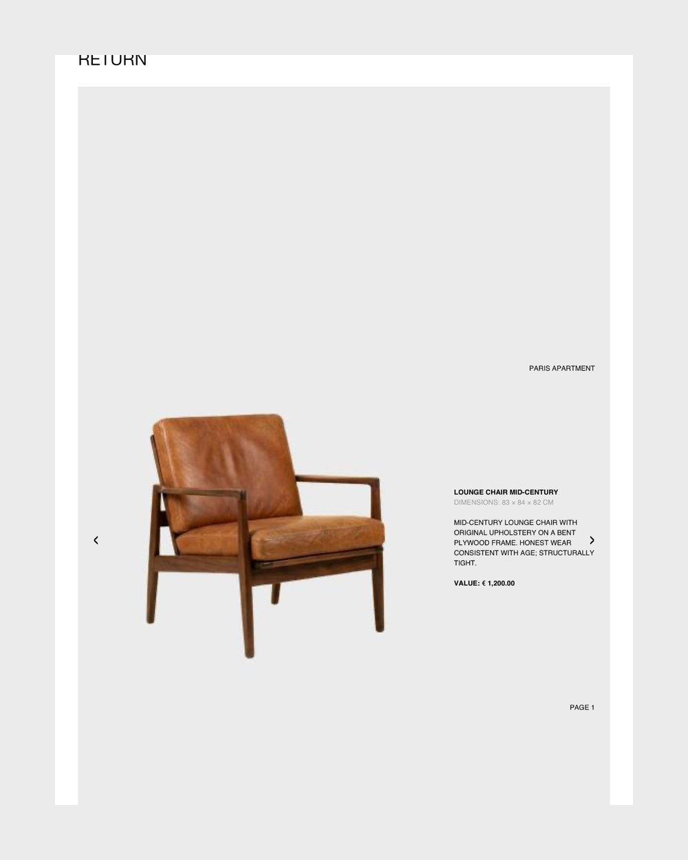 A folder as a PDF in Collecteur: one object per page, the lounge chair with its dimensions, description and value