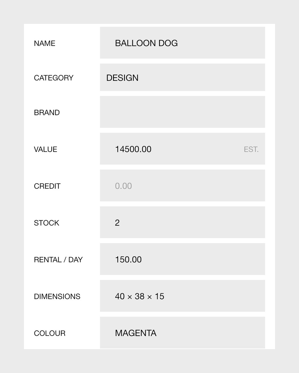 Editing an object in Collecteur: name, category, brand, the value marked as an estimate, credit, stock, rent per day, dimensions and colour