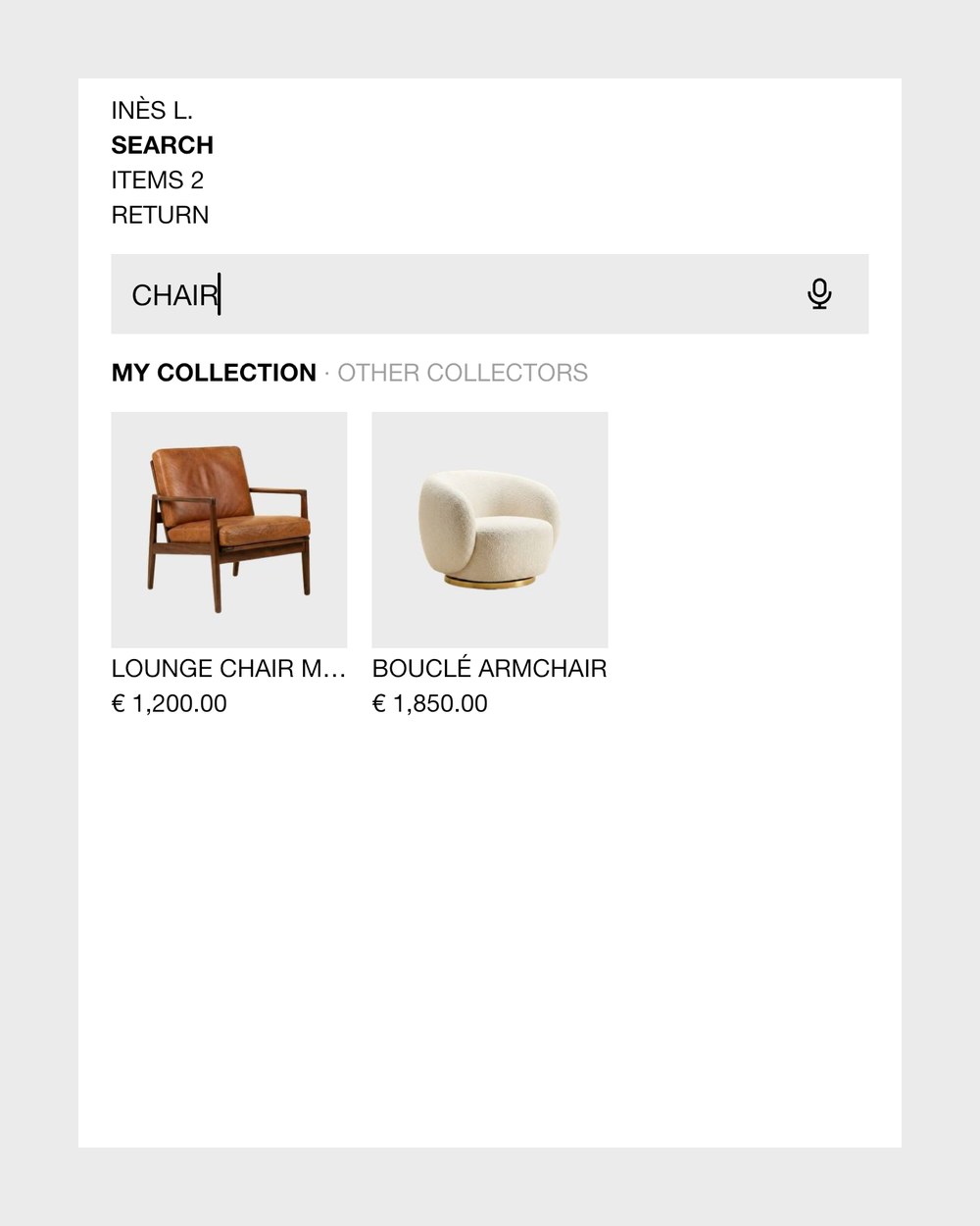 A search in Collecteur for “chair”, finding two armchairs with their values