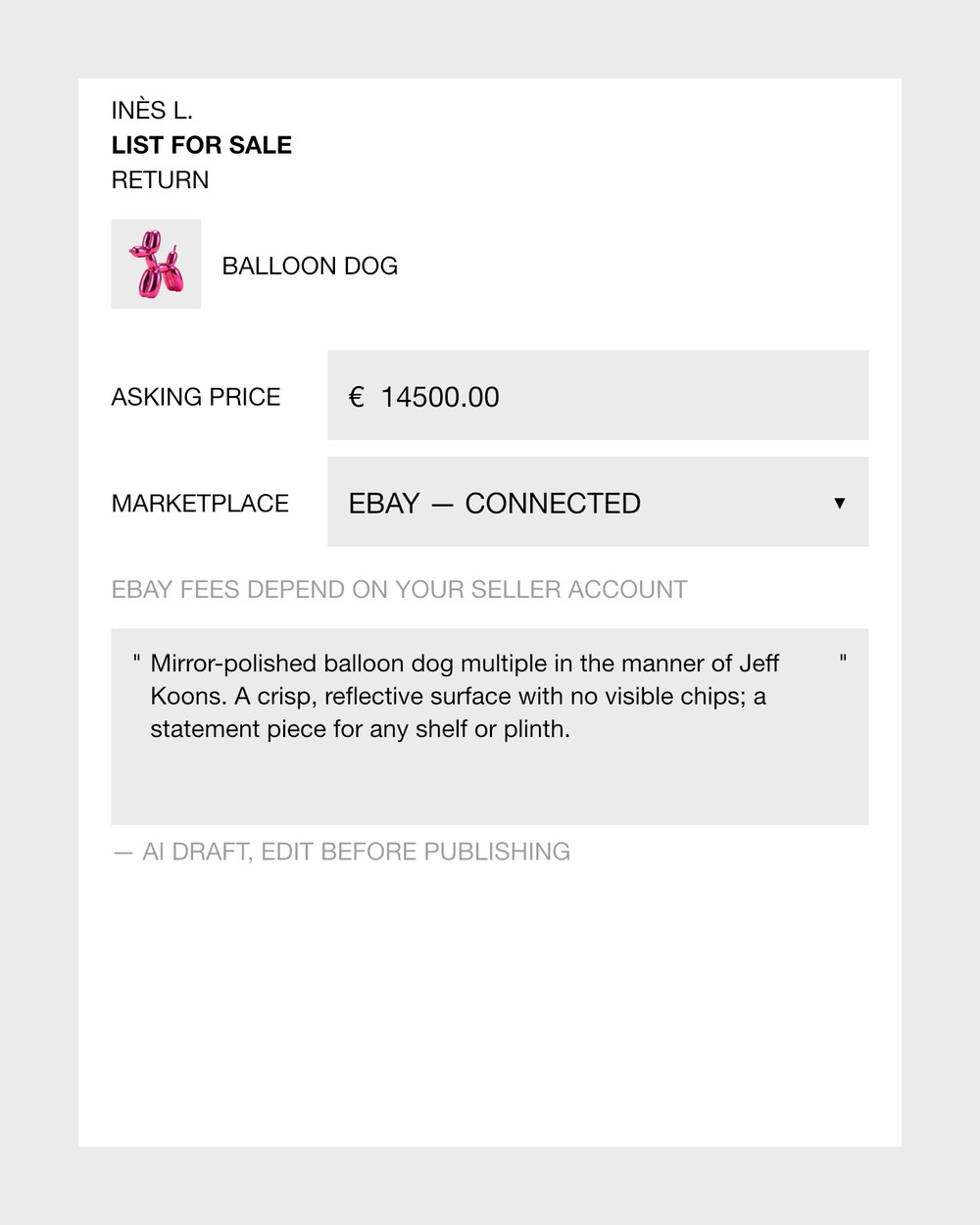 Listing an object for sale in Collecteur: the asking price, eBay connected and the drafted listing text