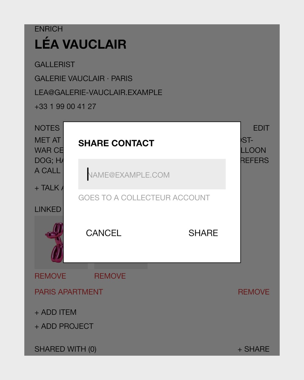 Sharing a contact in Collecteur: the dialog asking for the Collecteur account to share it with