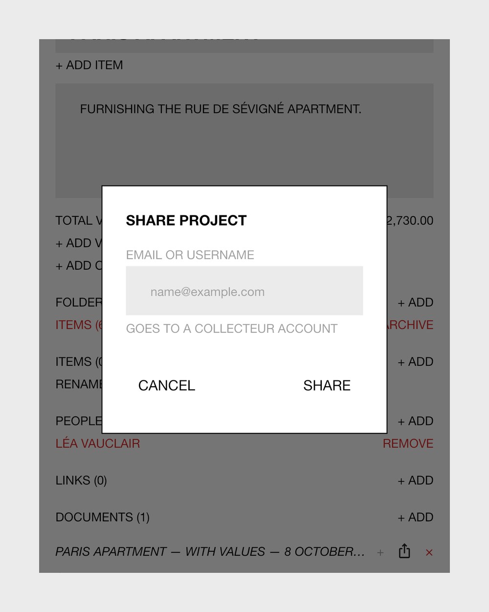 Sharing a folder in Collecteur: the share dialog asking whom to share it with