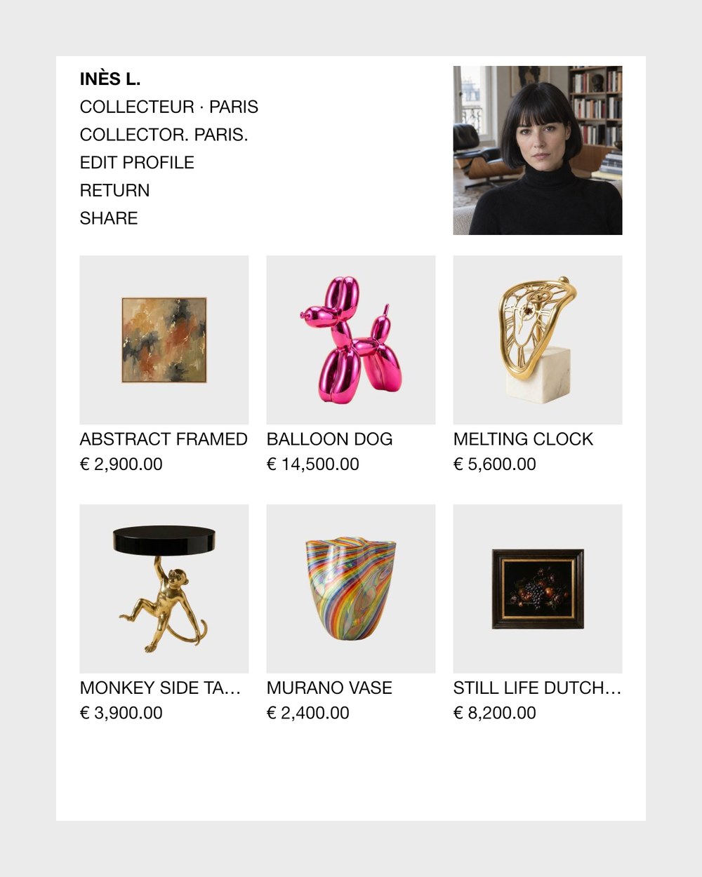 A collector's public page in Collecteur: her name, city, portrait and a grid of the objects she shows