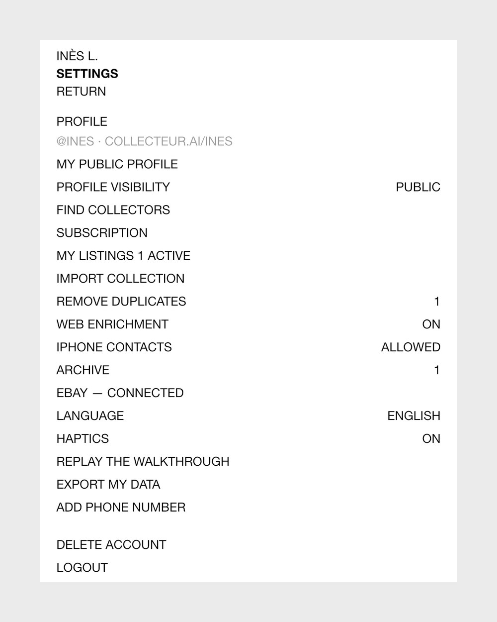 Settings in Collecteur: the public profile, listings, import, remove duplicates, archive, eBay, language, export my data and delete account